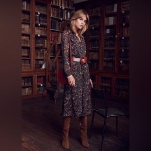 Sezane clemence Midi-length dress printed black foliage sz 38